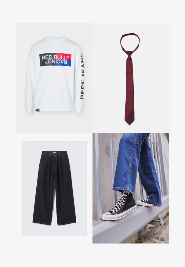 Felpa bianca con collo rotondo, caratterizzata da un grande logo multicolore di Red Bull Racing sul davanti e la scritta "FANS" sulla manica.; Jeans ampi di colore blu scuro con pieghe anteriori, tasche inclinate, passanti per cintura e chiusura con bottone in vita etichettata "WEEKDAY."; Scarpe da ginnastica nere alte con suola e lacci bianchi, abbinate a jeans di denim blu larghi, appoggiate su un parapetto grigio.; Cravatta in satin bordeaux con una texture liscia, stretto, e punta a punta; presenta un anello per una facile indossatura.