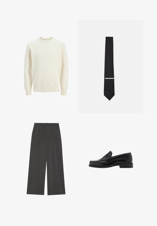 Kerman raidoitu neulepaita pyöreällä pääntiellä, pitkissä hihoissa ja elastisissa manseteissa. Kangas näyttää kerrokselliselta ja hieman joustavalta.; Valkoinen napapaidan paita pitkillä hihoilla, joka on valmistettu sileästä puuvillakankaasta. Klassinen kaulus ja hienovarainen kiilto. Viisi nappia edessä.; Rento-hameet tummanharmaasta kankaasta, jossa on pleidatut etuosat, kaksi sivutaskua ja litteä vyötärö. Sujuva rakenne ja räätälöity muotoilu.; Musta nahkayksilöinen loafersi, jossa on sileä pinta, ommellut yksityiskohdat varpaisiin ja matala kanta mukavuutta ja tyyliä varten.; Musta solmio, joka on valmistettu sileästä kankaasta, kapealla leikkauksella ja hopeisella solmionsiteellä, joka korostaa sen muotoilua.