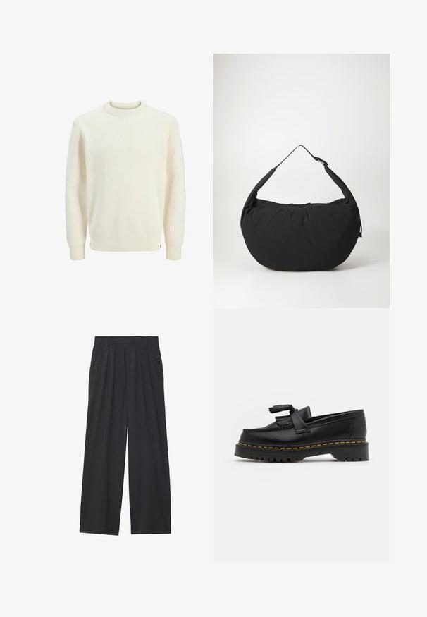 Kreemist ribikangast sviiter, millel on ümar kaelus, pikad varrukad ja elastsed mansetid. Kanga tekstuur on reljeefne ja veidi veniv.; Laiene püksid, mis on valmistatud tumedast hallist kangast. Omavad vööümbrikus voldikuid, on kohandatud disainiga ja sirge siluett.; Mustmust musta loafer, millel on frantsiisi aktsent, paks must tald ja kollane õmblus servas. Tekstuuriga viimistlus.; Mustmust kangas õlakott, millel on kõver kuju, üheahelaline rihm ja lukuga sulgemine. Pehme tekstuur, minimalistlik disain.