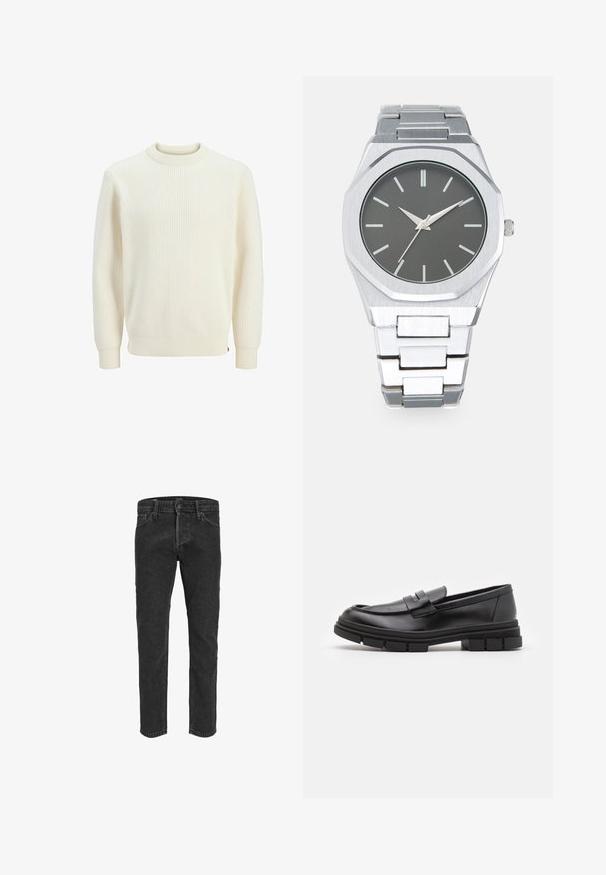 Pull crème à côtes avec un col rond, des manches longues et des poignets élastiques. Le tissu semble texturé et légèrement extensible.; Jean en denim noir avec une coupe droite, cinq poches et passants de ceinture, présentant une texture légèrement délavée et des coutures contrastées.; Mocassins en cuir noir avec une finition lisse, présentant un détail de sangle à l'avant et une semelle en caoutchouc épaisse avec des accents striés.; Montre analogique argentée avec un boîtier octogonal, un cadran gris, des index de heures argentés et un bracelet en acier inoxydable. Design minimaliste avec texture lisse.