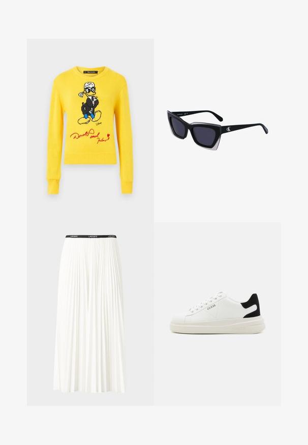 Yellow knitted sweater featuring Donald Duck with a black jacket, blue shoes, and red signature detail. Round neckline and ribbed cuffs.; Pleated white skirt with a black elastic waistband featuring the "LACOSTE" logo. Mid-length design with soft texture.; White leather sneakers with a thick white sole, black suede heel accent, and embossed logo on the side. Laced design with six eyelets.; Black oversized sunglasses with a geometric shape, featuring dark lenses and a contrasting grey detail on the frame. Logo on the arm.