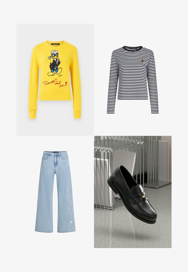 Žuti pleteni pulover s likom Donalda Ducka u crnoj jakni, plavim cipelama i crvenim potpisom. Okrugli izrez i rebrasti rukavi.; Dugih rukava prugasta košulja u crnoj i bijeloj boji, s okruglim izrezom i malim izvezenim likom na prsima. Mekani materijal.; Svijetloplavi traper hlače širokih nogavica s vezanim tekstom "Donald i Daisy" na lijevoj nogavici. Ima klasičan dizajn s pet džepova i petljama za remen.; Crne kožne mokasine s glatkom završnom obradom, s dekorativnom trakom i malim zlatnim akcentom. Potplat je ravan s zaobljenim vrhom.