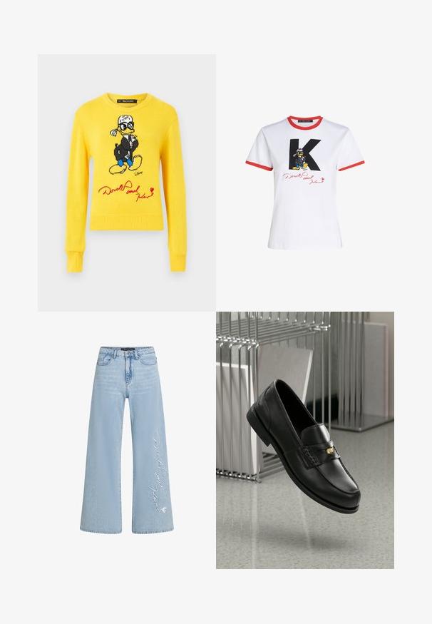 Yellow knitted sweater featuring Donald Duck with a black jacket, blue shoes, and red signature detail. Round neckline and ribbed cuffs.; White cotton t-shirt with red neckline and sleeve hems. Features a black 'K' and Donald Duck graphic with a signature in red.; Light blue wide-leg jeans in denim with stitched "Donald and Daisy" text on the left leg. Features classic five-pocket design and belt loops.; Black leather loafers with a smooth finish, featuring a decorative band and small gold accent. The sole is flat with a rounded toe.