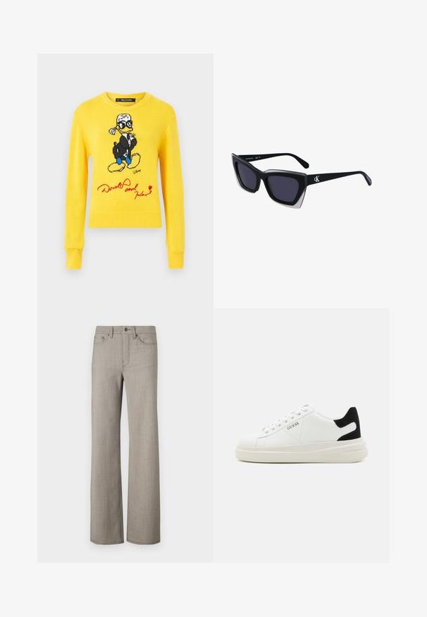 Pull en tricot jaune avec Donald Duck, vêtu d'une veste noire, de chaussures bleues et d'un détail signature rouge. Col rond et poignets côtelés.; Pantalons larges en tissu texturé gris clair avec une finition lisse. Comprend une fermeture à bouton et un design à cinq poches.; Baskets en cuir blanc avec une épaisse semelle blanche, un accent en daim noir au niveau du talon et un logo embossé sur le côté. Design à lacets avec six œillets.; Lunettes de soleil noires surdimensionnées avec une forme géométrique, dotées de verres foncés et d'un détail gris contrastant sur la monture. Logo sur la branche.