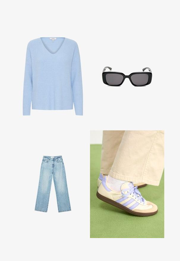 Vaaleansininen neulepusero, jossa on V-pääntie, pitkät hihat ja ribbidettu pinta. Ominaisuuksiin kuuluu rento malli ja pehmeä kangas.; Vaaleansiniset leveälahkeiset farkut korkealla vyötäröllä, joissa on haalistunut pesu ja pieniä, satunnaisia kulumisia ympäriinsä.; Kermasilta ja laventelilta näyttävät lenkkarit kolmella raidalla ja teksturoidulla ruskealla pohjalla, varustettuna nauhoilla ja pehmustetulla kantapäällä. Pehmeä kangaspinta.; Mustat suorakulmaiset aurinkolasit tummilla linsseillä, sileä muovikehys ja kaarevat templet. Suunnittelu on jykevä ja minimalistinen.