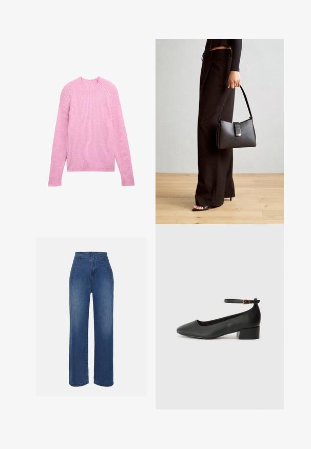 TOM TAILOR DENIM - Sweter; Jeans o wysokim stanie w średnim niebieskim kolorze. Charakteryzują się guzikami z przodu i szerokimi nogawkami. Tkanina ma gładką teksturę z lekkim przetarciem.; Czarne skórzane szpilki z ostrym noskiem i niskim słupkowym obcasem. Wyposażone w pasek na kostkę z złotym zapięciem. Gładka tekstura.; Czarna torebka o usztywnionym kształcie, gładkiej fakturze i metalowym zapięciem. Połączona z szerokimi czarnymi spodniami i sandałami na otwartym palcu na drewnianej podłodze.