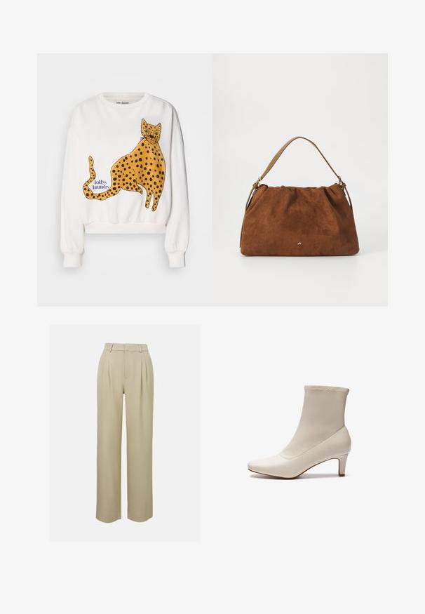 Felpa bianca con un grande leone giallo illustrato con macchie nere. Etichetta con il testo "lollys laundry" in blu. Polsini e orlo a costine.; Pantaloni beige a gamba larga realizzati in tessuto morbido, con pieghe frontali, vita su misura e tasche laterali. Orlo pulito.; Stivaletto bianco alla caviglia in pelle liscia con punta affusolata e tacco corto e affusolato. Presenta un design minimalista e una parte superiore senza cuciture.; Borsa in suede marrone con un design arricciato, dotata di una singola tracolla in pelle beige e di un sottile logo dorato dettagliato sulla parte anteriore.