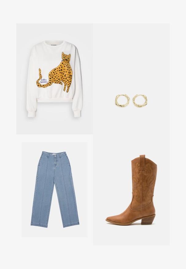 Sudadera blanca con un gran leopardo amarillo ilustrado con manchas negras. Etiqueta de texto "lollys laundry" en azul. Puños y dobladillo acanalados.; Vaqueros de pierna ancha de color azul claro, hechos de denim. Presentan una cintura alta, cierre de botón y costuras visibles. No hay bolsillos visibles en la parte delantera.; Bota de vaquero de cuero marrón claro con punta afilada, patrones de espiral bordados en el tubo y un tacón bloque apilado. Cuenta con una pestaña de agarre para facilitar su uso.; Pendientes de aro de oro con forma irregular y texturizada. Presentan un cierre sin costuras y un acabado pulido, destacando un diseño moderno.