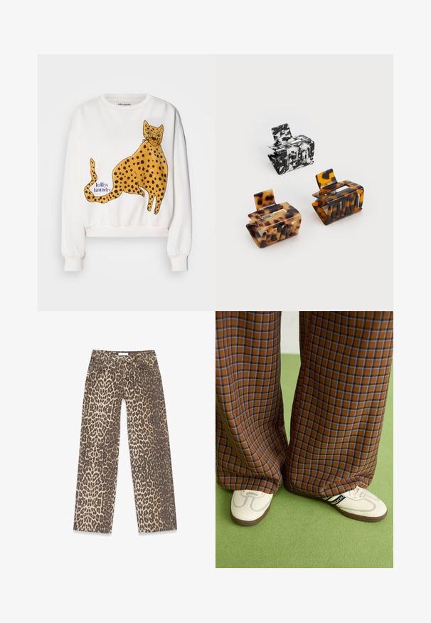 Valkoinen huppari, jossa on suuri, kuvitetty keltainen leopardi mustilla täplillä. Tekstimerkintä "lollys laundry" sinisenä. Ribbaus hihansuissa ja helmassa.; Leopardi-kuosiset farkut, joissa on neutraali beige ja ruskea väripaletti, suorat lahkeet ja perinteiset taskudetailit.; Ruskonsin ja sininen ruutukuvioinen leveälahkeinen housut yhdistettynä valkoisiin kenkiin, joissa on mustia yksityiskohtia ja tekstuuripohjat, vihreää taustaa vasten.; Kolme hiusklipsiä: yksi musta-valkoinen marmorikuvio, kaksi kilpikonnakuosisia ruskeassa ja mustassa sävyssä, kaikki kiiltävää muovia ja texturoitua pintaa.