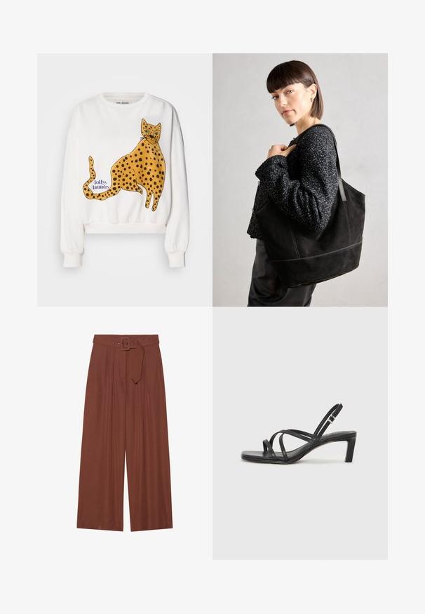 Fehér pulóver, nagy, illusztrált sárga leopárddal fekete foltokkal. Kék felirat: "lollys laundry". Bordás mandzsetták és szegély.; Barna anyagból készült, széles szárú nadrág, négyzet alakú csattal ellátott övvel, redők kialakítással és sima textúrával.; Fekete pántos szandál négyzetes orral és alacsony blokk sarkal. Több vékony pánttal és állítható boka pánttal rendelkezik. Sima bőrből készült.; Fekete, velúr anyagú tote táska sima felülettel, strukturált formával és kontrasztos varrással. Hosszú pántjai lehetővé teszik a vállon való hordást.