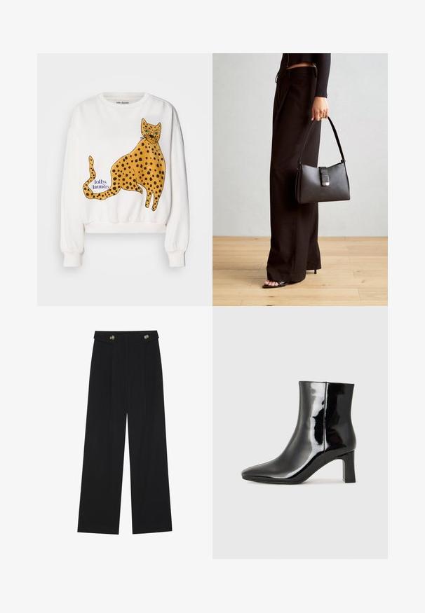 Balta sudrabu jaka ar lielu, ilustrētu dzelteno leopardu ar melniem plankumiem. Teksta uzraksts "lollys laundry" zilā krāsā. Ribu aproces un apakšmalu.; Melnas platās bikses ar augstu jostasvietu, pogu detaļām uz jostas un priekšējām krokām.; Melnas patentētas ādas potīšu zābaki ar norādītu pirkstu un vidēja augstuma kvadrātveida papēdi. Gluda tekstūra un minimālisma dizains.; Melnā somiņa ar strukturētu formu, gludu tekstūru un metālu sprādzi. Saskaņota ar platām melnām biksēm un sandālēm ar atvērtu purngalu uz koka grīdas.