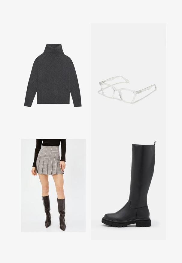 Grauer Rollkragenpullover aus weichem, strukturiertem Strick. Verfügt über lange Ärmel und eine entspannte, kastige Form mit einem gerippten Saum und Bündchen.; Grau karierten Minirock mit Falten, der vertikale und horizontale Linien in Schwarz, Weiß und Rot aufweist. Kombiniert mit schwarzen kniehohen Stiefeln.; Schwarzer kniehoher Stiefel aus glattem, mattem Material mit einer massiven Sohle, runder Zehe und einer Ziehlasche an der Oberseite für einfaches Anziehen.; Klare rechteckige Brille mit transparenten Rahmen und geraden Bügeln. Mit dezenten Details an den Schläfen. Leichtes Design.; Schwarze Leder-Hobo-Tasche mit einer weichen, geschwungenen Form. Sie verfügt über einen breiten Oberhandgriff und Falten an der Basis für eine lässige Textur.