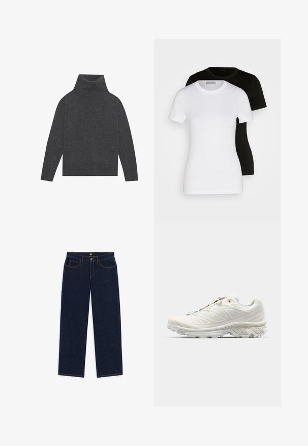 Šedý rolák vyrobený z měkkého, texturovaného pletení. Má dlouhé rukávy a uvolněný, boxovitý střih s žebrovaným lemem a manžetami.; Dvé trička s krátkým rukávem v černé a bílé barvě. Vyrobena z hladké bavlny, mají klasický kulatý výstřih a standardní střih.; Tmavě modré džíny se rovného střihu, pěti kapsami a kontrastním oranžovým prošitím. Pas zahrnuje kovový knoflík a zip.; Bílé běžecké boty s prodyšným síťovým svrškem, texturovanými detaily a polstrovanou podrážkou. Obsahují rychlou šněrovací systém pro snadné obutí.