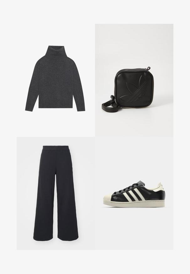 Gray turtleneck sweater made of a soft, textured knit. Features long sleeves and a relaxed, boxy shape with a ribbed hem and cuffs.; Black wide-leg sweatpants made from soft fabric, featuring an elastic waistband and a small logo on the left side.; Black leather sneaker with white stripes, rubber toe cap, black laces, and a cream-colored outsole. Smooth texture with shiny finish.; Black square crossbody bag made of textured synthetic material. Features an embossed logo design and adjustable strap. Zipper closure.
