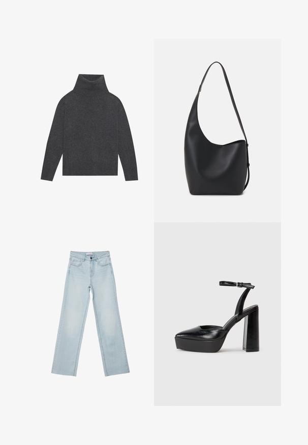 Šedý rolák vyrobený z jemnej, textúrovanej pleteniny. Má dlhé rukávy a uvoľnený, široký strih s rebrovaným lemom a manžetami.; Svetlomodré široké džíny vyrobené z denimu. Majú päť vreciek, gombíkový zips a vyblednuté detaily. Klasický rovný strih s voľným strihom.; Čierne platformové podpätky so špicatou špičkou a nastaviteľným členkovým remienkom. Vyrobené z hladkej kože a so robustným blokovým podpätkom.; Čierna kožená hobo taška so hladkou textúrou, zakriveným tvarom a jedným nastaviteľným popruhom; má široké otvorenie na vrchu.