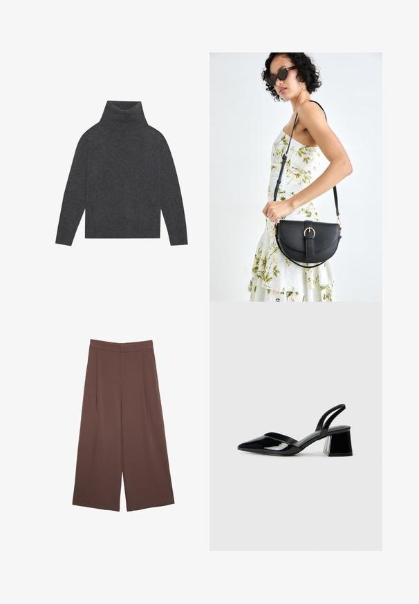 Harmaa poolopaita, joka on valmistettu pehmeästä, teksturoidusta neuleesta. Ominaisuuksiin kuuluu pitkät hihat ja rento, laatikkomainen muoto, jossa on ribbikuvioitu helma ja hihansuut.; Ruskeat leveälahkeiset housut, joissa on sileä pinta, korkea vyötärö ja etupleat. Kangas on kevyttä ja laskeutuu väljänä.; Mustat patentoitu nahkakengät, joissa on säären takaosa ja terävä kärki, sekä geometrinen palikkakorko. Sisältää tyylikkään, minimalistisen muotoilun ja sileän pinnan.; Musta nahkainen käsilaukku, joka on kaareva muotoilultaan, irrotettavalla hihnalla ja kultaisilla yksityiskohdilla. Laukussa on läppä, jossa on solk yksityiskohta.