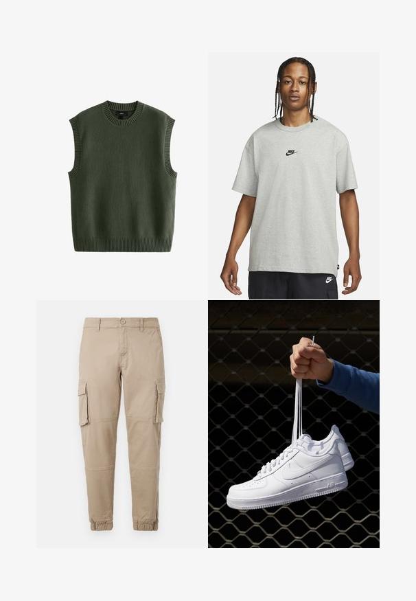 Next REGULAR FIT CREW NECK - Maglione - green; Giovane con capelli intrecciati che indossa una maglietta Nike grigia chiara e pantaloni Nike neri su uno sfondo bianco semplice.; Pantaloni cargo beige in un leggero cotone. Presentano polsini elasticizzati, molteplici tasche laterali e una chiusura con bottone.; Sneakers in pelle bianca con perforazioni, punta rotonda, suola piatta e lacci spessi, con logo swoosh visibile e "AIR" sul tallone.