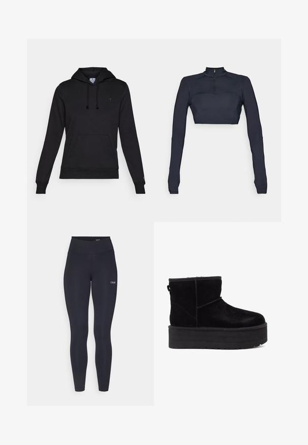 Hanorac negru cu glugă, fabricat dintr-un material moale. Include o glugă cu șnur, un buzunar tip kangaroo, mansete cu model ribat și un logo mic pe piept.; Cămașă scurtă cu mânecă lungă de culoare albastru marin, cu guler înalt și fermoar pe o parte, având panouri texturate pe umeri și o siluetă ajustată.; Colanți negri cu talie înaltă, fabricați dintr-un material elastic, având un mic logo alb pe coapsă și o textură netedă.; Botine negre din suede, cu o talpă groasă și interior moale. Finalizate cu accente de cusătură și cu o bucată în spate pentru o încălțare ușoară.