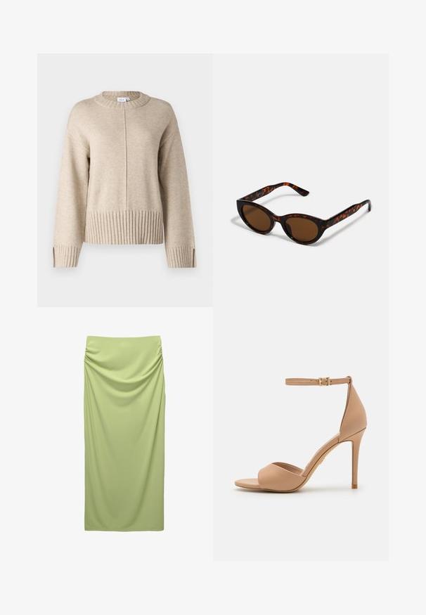 Beige pletený svetr s kulatým výstřihem, žebrovaným lemem a manžetami. Obsahuje vertikální ševový detail na přední straně a boční rozparky na lemu.; Sukně s vysokým pasem a až na zem dlouhá, vyrobená z měkké, světle zelené tkaniny. Má shromážděné detaily po stranách pro texturu a splývavost.; ALDO CRERIDE PILLOW WALK - Páskové sandály  - beige; Hnědé želvovinové sluneční brýle ve vintage stylu kočičího oka s hnědými skly. Mají zakřivené nožičky s červenými akcenty.; Zlaté kruhové náušnice s hladkým, lesklým povrchem. Kruhový design s malým kolíčkem a průhledným záznamem pro bezpečné nošení.