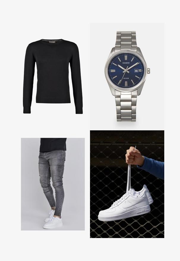 Musta neulepusero pitkillä hihoilla, pyöreällä pääntiellä sekä resorireunuksilla hihoissa ja helmassa. Sileä pinta ja vartalonmyötäinen muotoilu.; Kapeat farkut haalistuneessa harmaassa denimmateriaalissa, joissa on kuluneet yksityiskohdat polvissa, yhdistettyinä valkoisiin lenkkareihin. Suora pinta, kapea leikkaus.; Valkoiset nahkasneakersit, joissa on rei'ityksiä, pyöreä kärki, tasapohja ja paksut nauhat, joissa on näkyvä swoosh-logo ja "AIR" kantapäässä.; Harmaa ruostumaton teräs rannekello, jossa on tummansininen kellotaulu, metalliset tuntimerkit ja päivämääränäyttö kello 3:ssa. Vesitiivis 50 metriin asti.