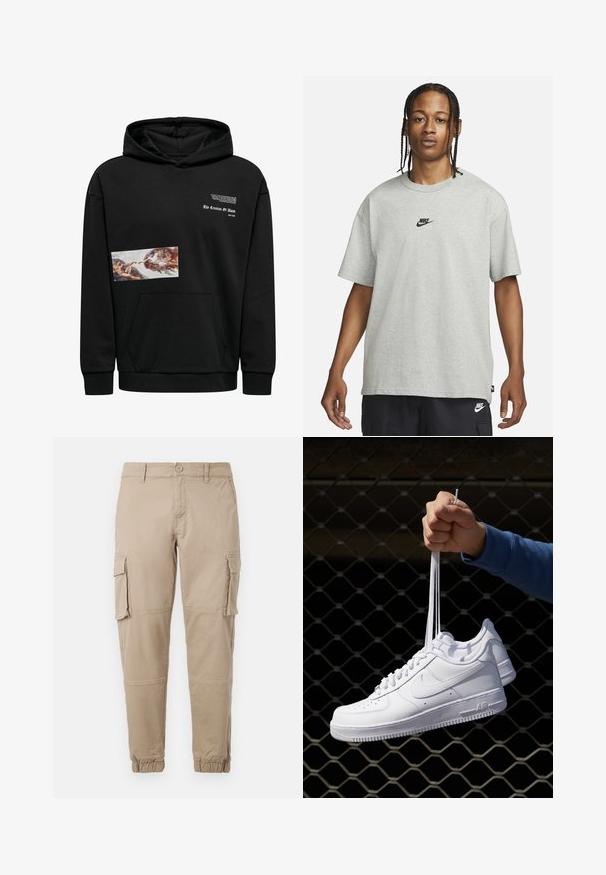 Sudadera negra con mangas largas, bolsillo tipo canguro y un gráfico frontal que representa la obra "La Creación de Adán", con acentos de texto en blanco.; Joven con cabello trenzado que lleva una camiseta Nike gris claro y pantalones cortos Nike negros frente a un fondo blanco liso.; Pantalones cargo beige de un material de algodón ligero. Presenta puños elásticos, múltiples bolsillos laterales y un cierre de botón.; Zapatillas de cuero blanco con perforaciones, punta redonda, suela plana y cordones gruesos, con un logo de swoosh visible y "AIR" en el talón.