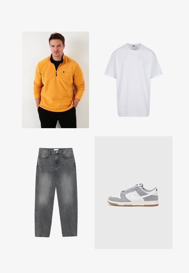 Rumena flis jopica s četrt-zadrgo in ovratnikom, ki ima črno izšito listnato logo na prsih in rebraste manšete.; Bela bombažna majica s kratkimi rokavi, okroglim izrezom, sproščenim krojem in brez vidnih logotipov ali vzorcev. Gladka tekstura in minimalen dizajn.; Visoko pasovi, široke kavbojke iz obledelog črnega denima. Imajo pet žepov, zanke za pas in čisto, ravno obliko nog. ; Sive in bele teniske s suknim in usnjem zgornjim delom, zaobljenim nosom, ravnimi vezalkami in gumijastim podplatom z dodatkom gumijaste barve.