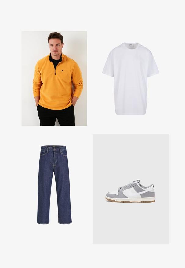 Dzeltena vilnas džemperis ar ceturtdaļu-zip apkakli, kuram ir melns izšūta lapas logo uz krūtīm un ribotas piedurknes.; Balta kokvilnas T-kreklu ar īsām piedurknēm, apaļu kakla izgriezumu, brīvu piegriezumu un bez redzamām logo vai rakstiem. Gluda tekstūra un minimālistisks dizains.; Tumši zili džinsu bikses ar taisnu piegriezumu, piecu kabatu dizainu, metāla pogas aizdari un kontrastējošām šuvēm, ar smalku faktūru.; Nike kedas ar pelēku zamša un baltu ādas augšdaļu ar caurumiem, apaļām šņorēm un gumijas zolīti, kas nodrošina saķeri.