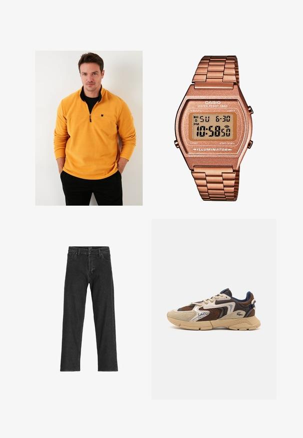 Žuta polarna majica s četvrtastim patent zatvaračem, s crnim izvezenim logom lista na prsima i rebrastim manžetama.; Crne traperice s ravnim krojem, s patentnim zatvaračem, petljama za pojas i šest džepova, izrađene od čvrste mješavine pamuka.; Bež i smeđi tenisice s teksturiranim mrežastim panelima, velur akcentima i gumenim potplatom. Imaju čipkastu konstrukciju i oznake branda.; Digitalni Casio sat s metalnom narukvicom u ružičastom zlatu, pravokutnim kućištem, osvijetljenim zaslonom i vodootpornošću, prikazuje vrijeme i datum.