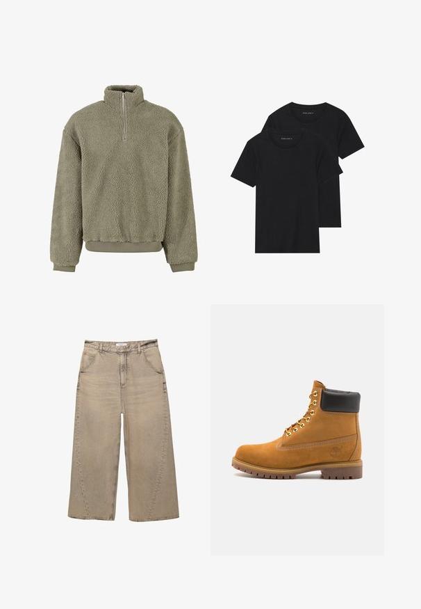Fleece pullover i olivengrøn med en halvdels lynlås. Struktureret ydre og ribbede cuffs og kant. Den afslappede pasform tilføjer komfort.; To sorte bomulds t-shirts med korte ærmer, rund halsudskæring og en glat tekstur, vist stablet sammen.; PULL&BEAR MEGA BAGGY - Baggy jeans - light grey; Tan nubuck ankelstøvle med sort polstret krave, gyldne metaløjer, hvid syning detaljer og robust gummisål med udtalte slidbaner.