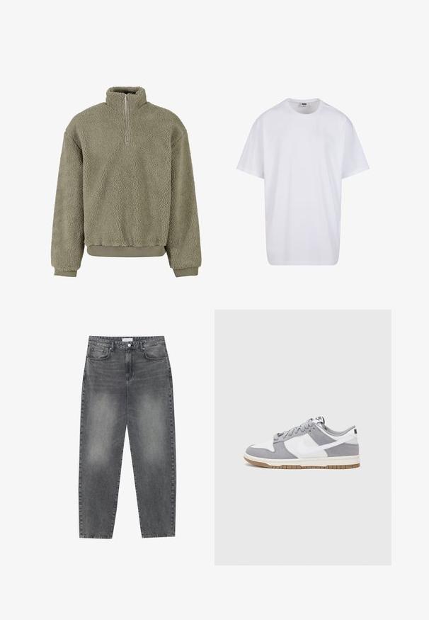 Olivroheline fliispullover, millel on poolne tõmblukk. Tekstureeritud välimus ning soonikkoes mansetid ja äär. Lõdva istuvuse tõttu pakub mugavust.; Valge puuvillane t-särk lühikeste varrukatega, ümmarguse kaelusega, lõdva lõikega ja ilma nähtavate logodeta või mustriteta. Sile tekstuur ja minimaalne disain.; Kõrgema vöökohtadega, lõdva lõikega teksad, mis on valmistatud tuhmist mustast denimist. Selles on viis taskut, traksid ja puhas, sirge säärelõige.; Halli ja valge tennis鞋, millel on nubuk- ja nahkdetailid, ümar varvas, lamedad nöörid ning kummist tald, millel on kola aktsent.