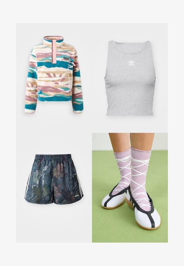 Fleece-pullover med høy krage, med pastellbølge mønstre i teal, rosa og krem, og en frontlomme med glidelås.; Grå, ermeløs crop top laget av mykt stoff, med rund hals og en liten hvit Adidas-logo på brystet.; Herre shorts med et flerfarget bladmønster på mørk bakgrunn, med elastisk midje og sidebånd i hvitt.; Hvite flate sko med svart kant og såle, kombinert med lys lilla ribbestrikkede sokker med hvite kryssreimer. Plassert på en grønn bakgrunn.