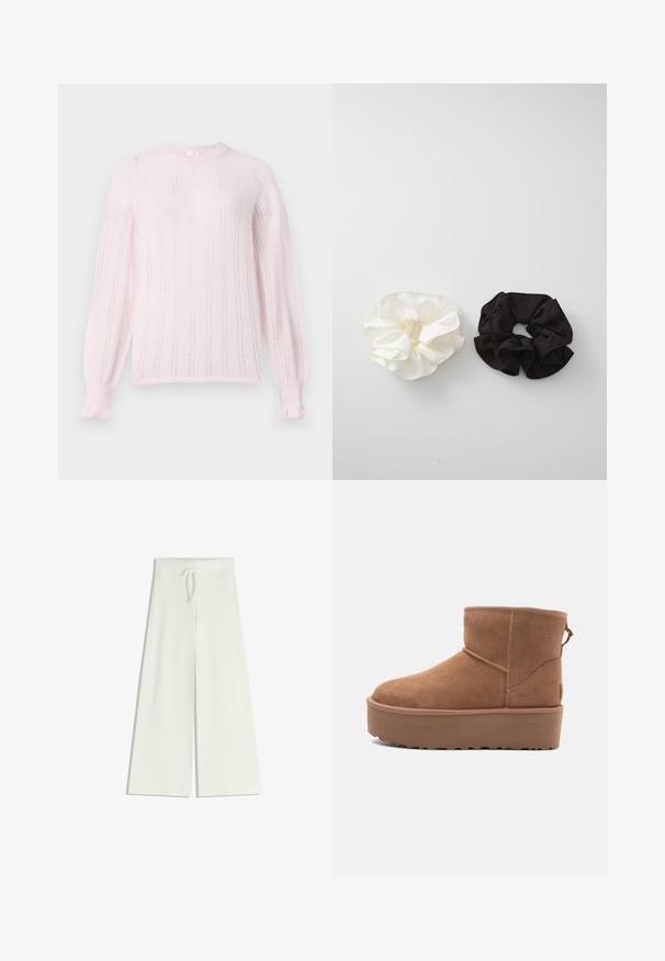 Svetlo roza pleten pulover z okroglim izrezom, ki ima vertikalne črte, rebraste manšete in nagubane okraskove na koncih rokavov.; Široke bele hlače, narejene iz mehkega traku, z elastičnim pasom in vrvico za prilagodljivo prileganje. Gladka struktura, brez vzorcev.; Bela antilopova gležnjača s platformom, okruglim vrhom i dekorativnim šavovima; ima uvučenu petlju straga za lakše oblačenje.; Dva satenska gumica za lase, ena bela in ena črna, s potjo obliko in gladko teksturo, prikazana na enobarvni beli podlagi.