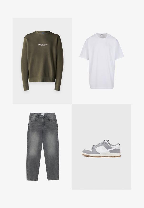 Felpa verde oliva con collo rotondo, maniche lunghe e polsini aderenti. Presenta la scritta "Originals Studio" ricamata in bianco sul petto.; Maglietta bianca in cotone con maniche corte, scollatura rotonda, vestibilità comoda e senza loghi o motivi visibili. Texture liscia e design minimale.; Jeans a vita alta, dal taglio ampio in denim nero sbiadito. Presentano cinque tasche, passanti per cintura e un design dritto e pulito.; Sneaker grigia e bianca con tomaia in suede e pelle, punta arrotondata, lacci piatti e soletta in gomma con un accento color caramello.