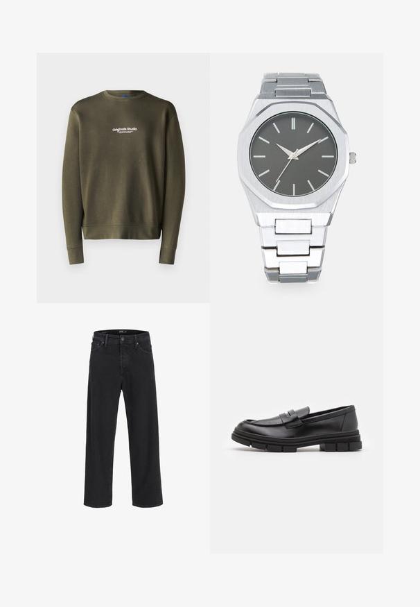 Olivovo zelená mikina so športovým výstrihom, dlhými rukávmi a priliehavými manžetami. Na hrudi sa nachádza biele vyšívané označenie "Originals Studio".; Čierne oblečené džíny s rovnou nohavicou, so zapínaním na gombík a zips, pútkami na opasok a prednými a zadnými vreckami.; Čierne kožené poltopánky s hladkým povrchom, s predným remienkom a robustnou gumovou podrážkou s drážkovanými akcentmi.; Strieborné analógové hodinky s osemuholníkovým puzdrom, sivým ciferníkom, striebornými hodinovými indexmi a nerezovým oceľovým remienkom. Minimalistický dizajn s hladkou textúrou.