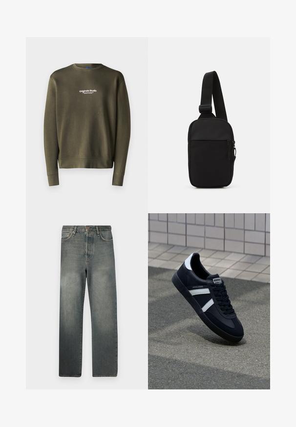 Olive green sweatshirt with a crew neck, long sleeves, and fitted cuffs. Features “Originals Studio” embroidered in white on the chest.; Jack & Jones JJIALEX JJCOOPER - Baggy Jeans - black denim; Black leather sneaker with white stripes, textured rubber sole, and lace-up front. Features a branded label on the tongue.; Black crossbody bag made of durable fabric, featuring a single adjustable strap, a zippered main compartment, and a front pocket.