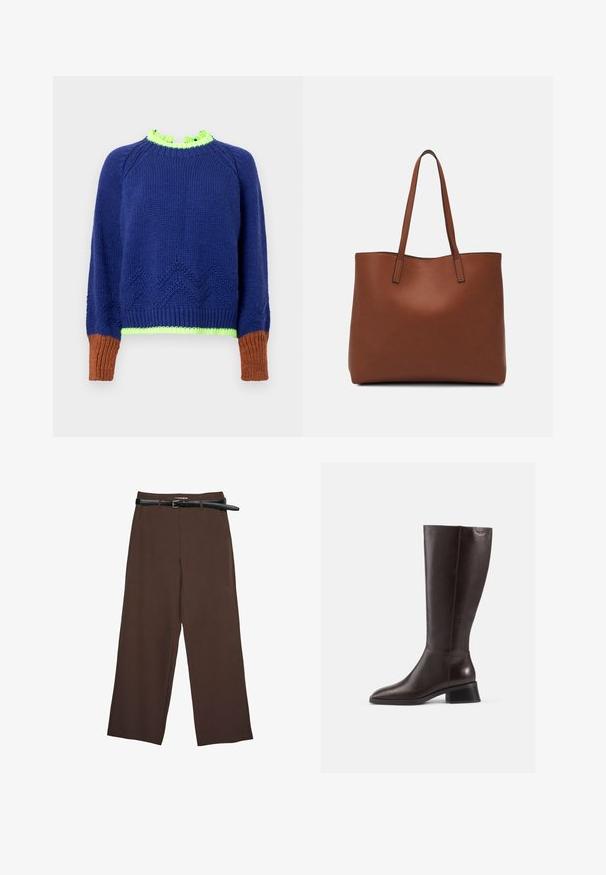 Maglione in maglia blu navy con motivo a zigzag testurizzato, collo verde con volant e polsini marroni a coste. Presenta vivaci contrasti di colore e una vestibilità comoda.; Pantaloni a gamba larga marroni con una texture liscia, dotati di una cintura nera e un girovita strutturato, che offrono una vestibilità definita.; Stivali in pelle marrone al ginocchio con finitura liscia, punta arrotondata e tacco nero impilato. Design semplice con dettagli hardware minimi.; Borsa tote in pelle marrone con texture liscia, design con apertura superiore e due spallacci. Presenta cuciture minime e nessun hardware visibile.