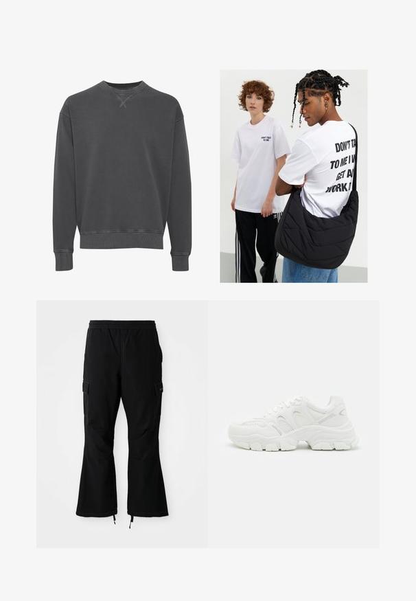Dark gray crewneck sweatshirt made of cotton blend, featuring ribbed cuffs and hem, with a textured finish and subtle stitching details.; Black cargo pants with an elastic waistband, featuring side pockets and flared legs with zippers at the cuffs, displayed against a white background.; White athletic sneakers featuring a mesh upper with leather accents, textured rubber sole, and a chunky design with notable contours.; Black quilted shoulder bag with a soft texture, worn by a person in a white graphic T-shirt with bold text. Casual outfit with denim.