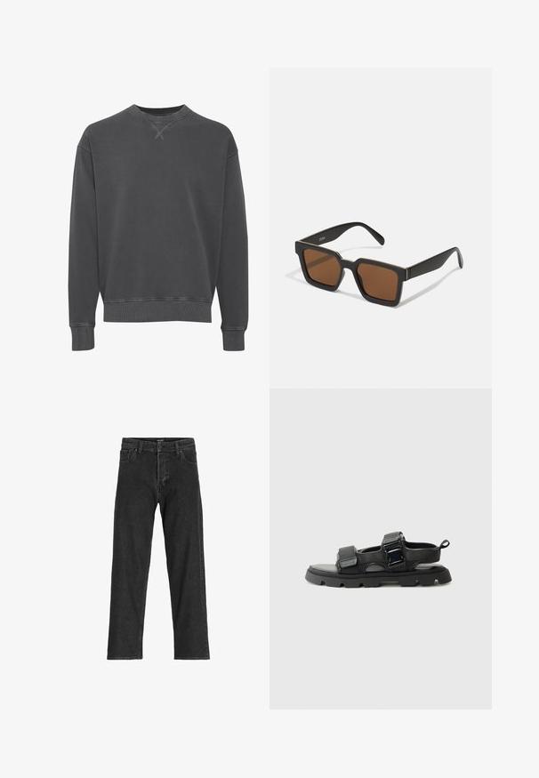 Sweatshirt crewneck gris foncé en mélange de coton, avec des poignets et un ourlet côtelés, un fini texturé et des détails de couture subtils.; Jean en denim noir avec une coupe droite, dotée d'une fermeture éclair, de passants de ceinture et de six poches, confectionnée dans un tissu en coton robuste.; Sandales noires avec une tige en tissu texturé, des larges brides, des accents de boucle en métal, et une semelle en caoutchouc épaisse avec un motif de crampons.; Lunettes de soleil noires carrées avec des verres marron, présentant une finition mate et des accents dorés sur la monture. Le design est angulaire avec des branches larges.