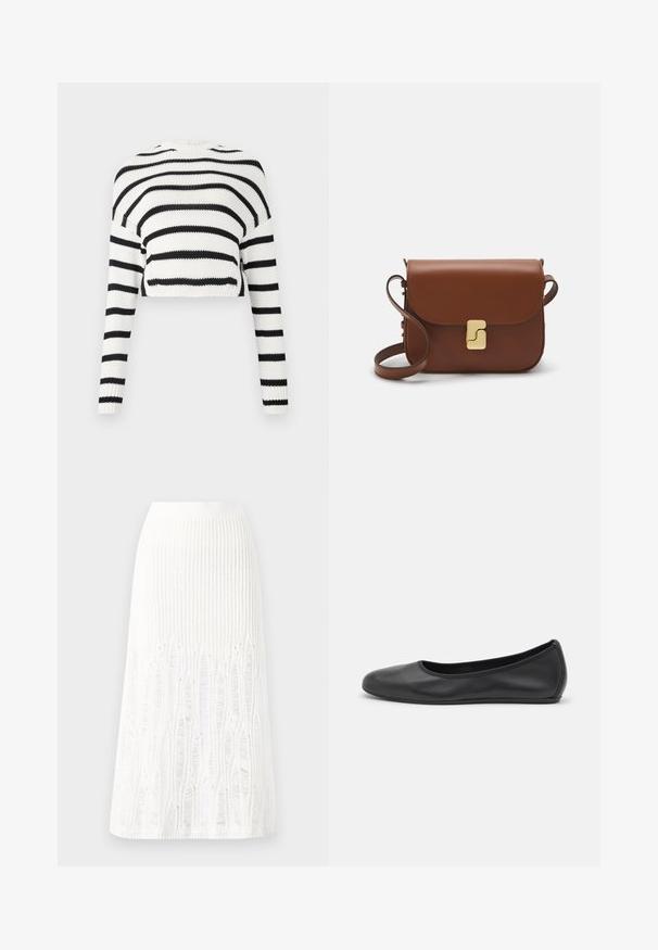 Gekürzter Strickpullover mit langen Ärmeln, der abwechselnd schwarze und weiße horizontale Streifen zeigt. Strukturiertes Material, klassischer runder Halsausschnitt.; Gestreifte weiße Midi-Rock aus Strick mit einem strukturierten Muster und Ausschnitten am Saum. Elastischer Bund. Weiches Material.; Schwarze Leder-Ballettschuhe mit abgerundeter Spitze, glatter Textur, minimalen Nähdetails und einem flexiblen Sohlen-Design.; Braune Ledertasche mit Klappenverschluss, Beschlägen in Goldfarbe, einem Schultergurt und einer glatten Oberfläche. Kompakte rechteckige Form.