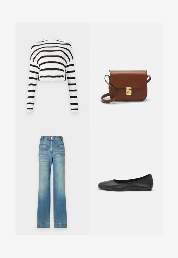 Skraćeni pleteni pulover s dugim rukavima, s izmjeničnim crnim i bijelim horizontalnim prugama. Teksturirana tkanina, klasičan okrugli izrez.; Bijela majica s kratkim rukavima izrađena od rebraste tkanine. Okrugli izrez, klasičan kroj i suptilni detalji šivanja. Bez uzoraka ili grafika.; Svijetloplave traperice s flare krojem, pet džepova, petljama za pojas, zatvaranjem na gumb i blago izblijedjelom teksturom, s detaljem crvenog loga na stražnjoj strani.; Crne kožne baletanke s zaobljenim vrhom, glatke teksture, minimalnim detaljima šavova i fleksibilnim dizajnom potplata.; Smeđa kožna torba s preklopom, zlatnim detaljima, remenom za nošenje preko ramena i glatkom teksturom. Kompaktni pravokutni oblik.