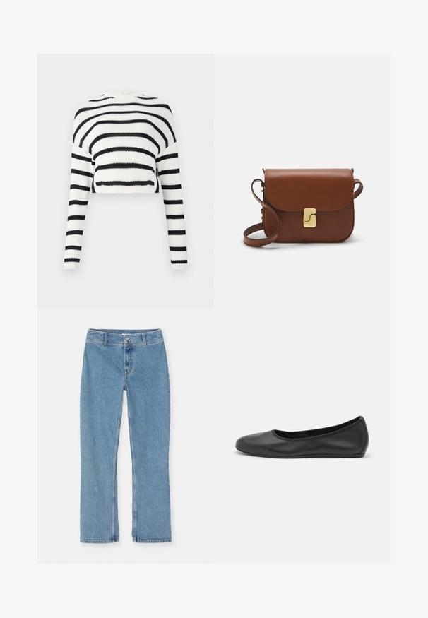 Geknipte gebreide trui met lange mouwen, met afwisselend zwarte en witte horizontale strepen. Getextureerde stof, klassieke ronde halslijn.; Witte korte mouwen t-shirt van ribstof. Ronde halslijn, normale pasvorm en subtiele stiksels. Geen patronen of grafische elementen.; Lichtblauwe recht gesneden denim jeans met knoop- en ritssluiting, riemlussen en standaard stiksel op een witte achtergrond.; Zwarte leren ballerina met een ronde neus, gladde textuur, minimale stikdetails en een flexibele zoolontwerp.; Bruine leren handtas met een klep sluiting, gouden hardware, een schouderband en een gladde textuur. Compact rechthoekige vorm.