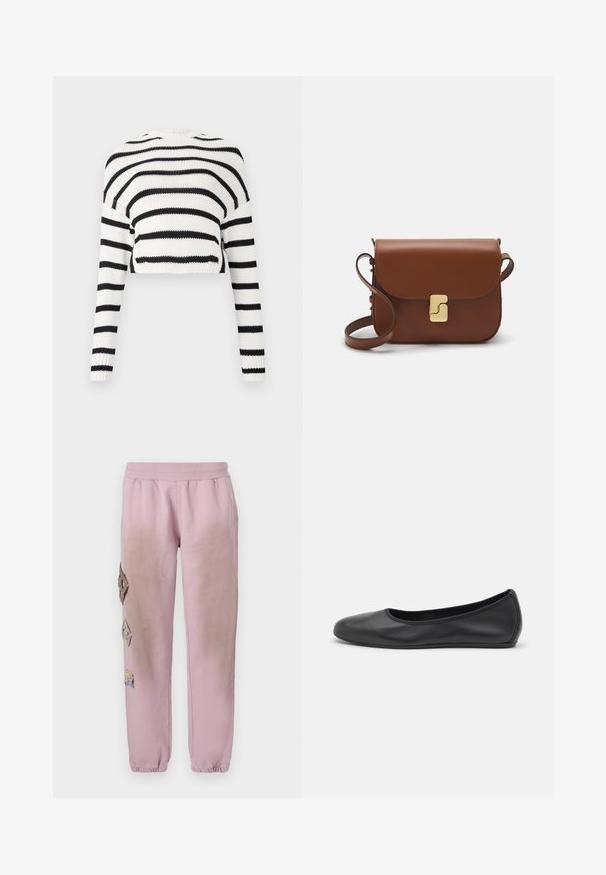 Maglione a maglia corto con maniche lunghe, caratterizzato da strisce orizzontali alternate in bianco e nero. Tessuto testurizzato, colletto rotondo classico.; Pantaloni della tuta rosa con vita elastica, caratterizzati da toppe decorative a forma di diamante sul lato sinistro e polsini elastici alle caviglie.; Pantofole da balletto nere in pelle con punta arrotondata, texture liscia, dettagli di cucitura minimi e design con suola flessibile.; Borsa a tracolla in pelle marrone con chiusura a pattina, hardware color oro, tracolla e una finitura liscia. Forma rettangolare compatta.