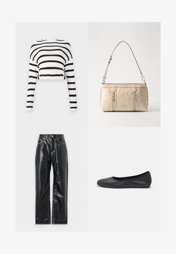 Afklippet striktrøje med lange ærmer, der har skiftende sorte og hvide vandrette striber. Teksturstoffet, klassisk rund halsudskæring.; Sorte faux læderbukser med en vidde benlængde, der har hvid syning, frontlommer og en guldfarvet knap i taljen.; Sort læderballetsko med rund tå, glat tekstur, minimal syning og et fleksibelt såldesign.; Beige lædertaske med sølvhardware, to sidelommer med lynlås, struktureret design og en aftagelig rem for alsidighed.