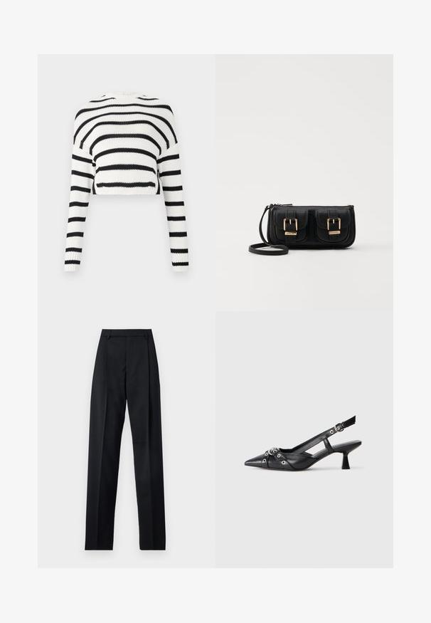 Maglione a maglia corto con maniche lunghe, caratterizzato da strisce orizzontali alternate in bianco e nero. Tessuto testurizzato, colletto rotondo classico.; Pantaloni neri realizzati in tessuto morbido, caratterizzati da vita alta, gambe larghe, pince frontali e classiche passanti per cintura. Non ci sono tasche laterali visibili.; Scarpa slingback nera in pelle con punta affusolata, cinturini decorativi con occhielli metallici e tacco basso a blocco. Superficie testurizzata.; Borsa a tracolla nera in pelle con due tasche frontali, fibbie dorate, chiusura con zip e una tracolla sottile. Superficie texturizzata e forma rettangolare compatta.