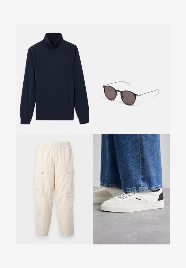Námořnický rolák vyrobený z hladké látky, s žebrovaným límcem a dlouhými rukávy s přiléhavými manžetami. Jednoduchý design bez vzorů.; Béžové cargo kalhoty s elastickým pasem, obsahující dvě boční kapsy a měkkou, lehkou látku. Zmačkaná textura.; Bílé a černé tenisky s hladkým koženým svrškem, texturovanými akcenty a robustní bílou podešví. Mají klasický design se šněrováním.; Černé kulaté sluneční brýle s tmavými skly a tenkými kovovými nohami. Obsahují průhledné koncovky nožiček a stříbrné akcenty na pantu. Minimalistický design.