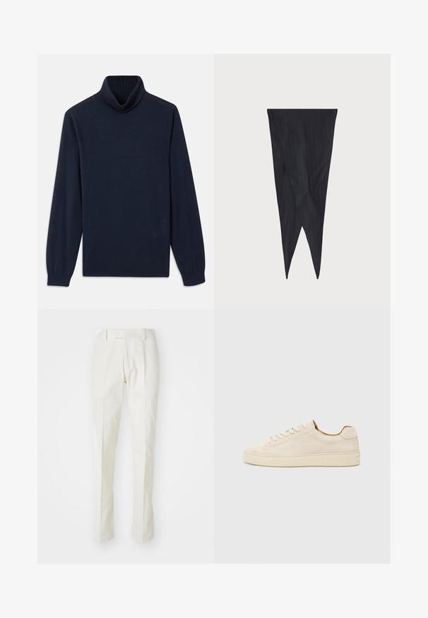 Marineblauwe coltrui gemaakt van gladde stof, met een ribbelkraag en lange mouwen met aansluitende manchetten. Eenvoudig ontwerp zonder patronen.; Witte broek van katoen, met een recht model, platte voorkant en geen zichtbare patronen of hardware. Glad materiaal.; Beige suède sneaker met een low-top ontwerp, ronde neus, platte veters en een gestructureerde rubberen zool. Minimalistische stijl zonder zichtbare logo's.; Marine gestreepte stof, taps toelopend ontwerp, verlengde vorm met spitse uiteinden, zachte textuur met verticale strepen, geen zichtbare hardware.