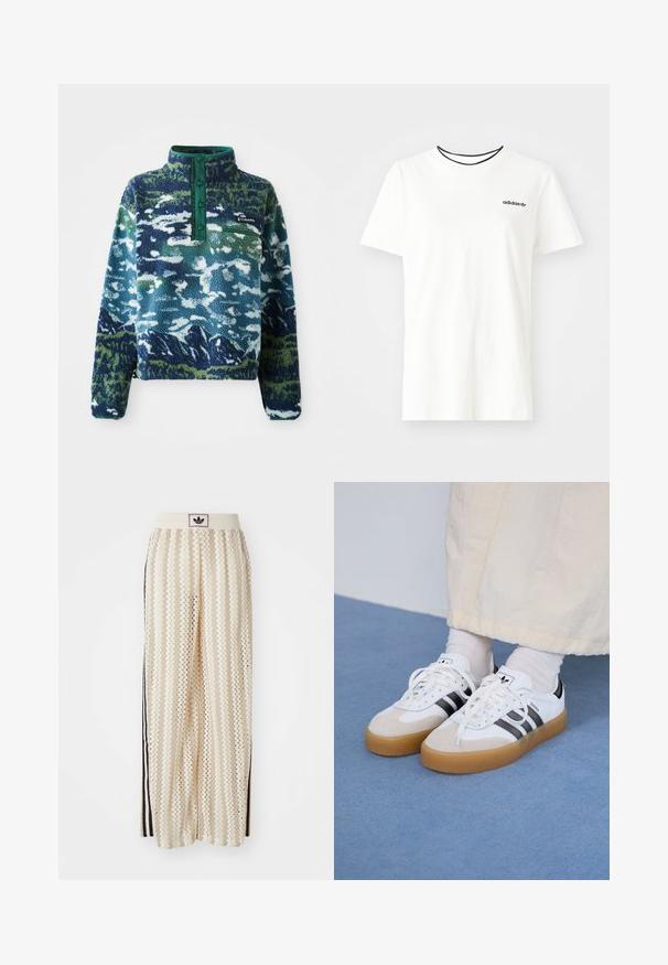 Fleece genser med grønn krage, prydet med et fjelltrykk i blå og grønne toner. Inkluderer en glidelåslomme og knappestolpe.; Hvit bomull t-skjorte med korte ermer og rund hals. Har en svart Adidas-logo på brystet og en kontrasterende svart indre krage.; Kremfargede bukser med brede ben og zigzag-mønster, med en svart logo-linning og svarte striper på siden. Lett, teksturert stoff.; Hvite sneakers med svarte striper og beige semsket skinn-detaljer. Har en teksturert gummisåle og flate hvite snører, brukt med lyse sokker.