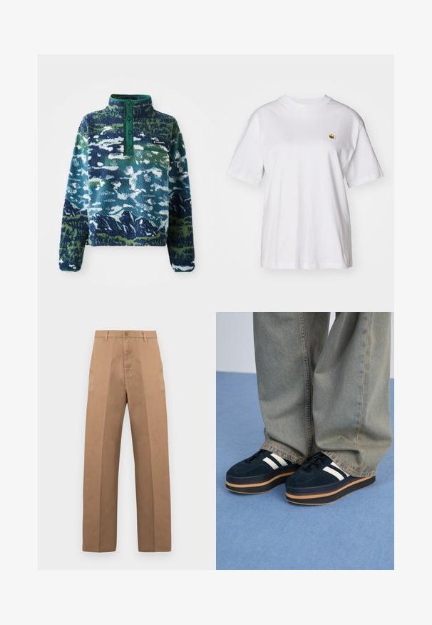 Fleece pulovr se zeleným límcem, zdobený potiskem hor v modrých a zelených tónech. Obsahuje kapsu na zip a knoflíkovou légu.; Bílý bavlněný tričko s volným střihem, krátkými rukávy a malým vyšívaným logem na levé části hrudi.; Hnědé bavlněné kalhoty se střihem se širšími nohavicemi, s knoflíkovým zapínáním, poutky na pásek a minimem švů pro čistý vzhled.; Tmavě modré semišové platformové tenisky s bílými pruhy a černými tkaničkami. Mají silnou hnědou gumovou podešev. Noseny se světle modrými džíny.