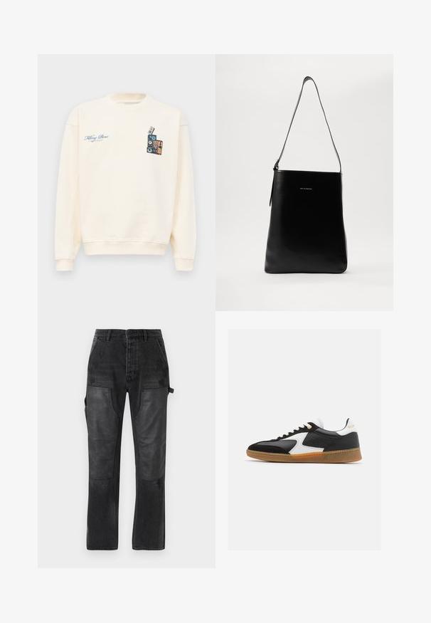 Cream-colored crewneck sweatshirt with blue text "Filling Pieces" on left chest and graphic of stacked vintage speakers on right chest.; Black denim trousers with contrasting black leather panel accents, straight leg design, and subtle distressed detailing on the fabric.; Filling Pieces SPRINTER DICE UNISEX - Trainers - black; Black leather shoulder bag with a smooth texture, rectangular shape, and a long strap; features a small white logo at the center.