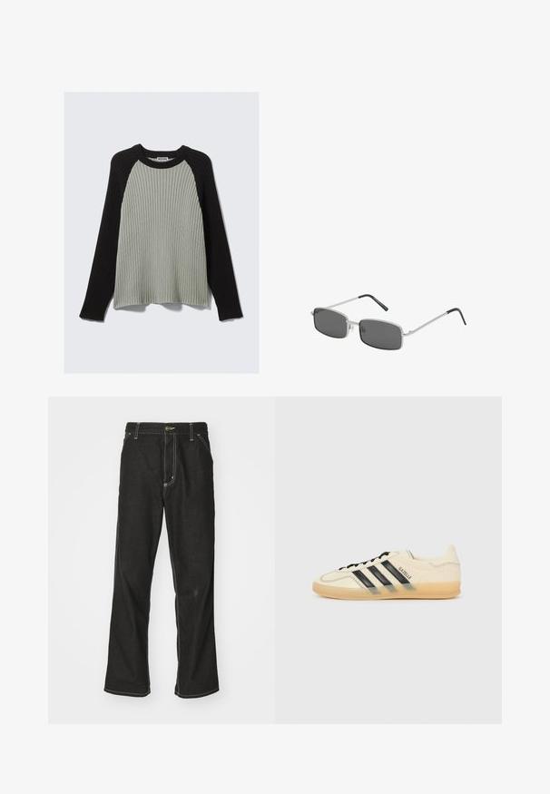 Suéter de punto acanalado con mangas largas negras y cuerpo de color gris claro. Presenta un cuello redondo y un ajuste relajado. Textura suave, diseño casual.; Jeans de mezclilla negra con un corte holgado, que cuentan con costuras blancas contrastantes, cierre de botón y un diseño de pierna recta.; Zapatillas de deporte de color crema claro con diseño de tres rayas negras, parte superior texturizada, punta redonda y suela de goma. Incluye cordones y logotipo en el lateral.; Gafas de sol en forma rectangular con lentes gris oscuro, fina montura de metal plateado y puntas de templo recubiertas de goma negra. Diseño minimalista.